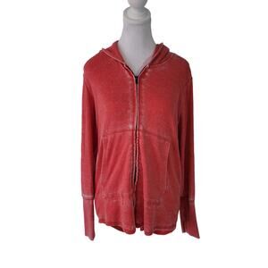 Chaser Size M Lightweight Ribbed Full Zip Hoodie Sweatshirt Distressed Fade Pink